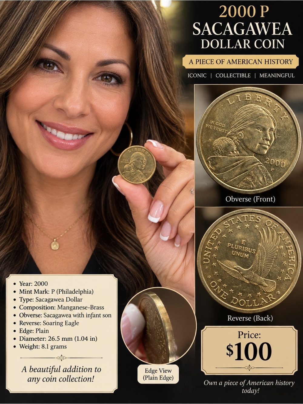 Sacagawea Dollar Coin Pendant Necklace - Gold Tone-2000 P